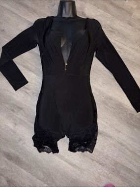 Women's Black Long-Sleeve Lace Trim Shapewear Romper